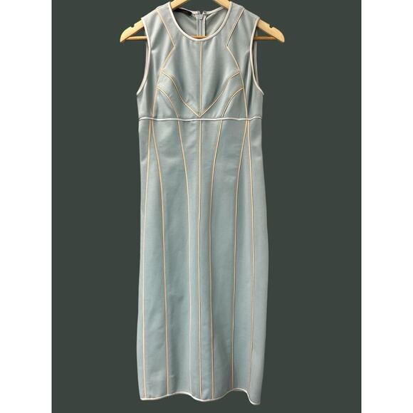 Narciso Rodriguez Sage Green Wool Shift Midi Dress Contrast Piping Size 4 EU 40 - Picture 1 of 15